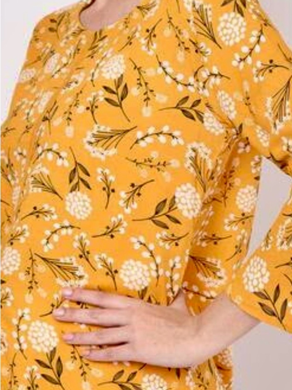 Women's Floral Print Mustard Blouse with Three-Quarter Sleeves